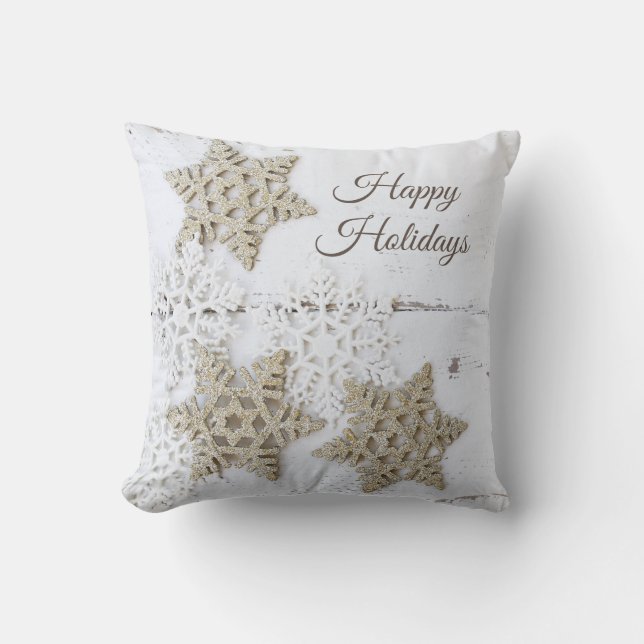 Rustic Simple White Snowflake Happy Holidays Throw Pillow (Front)