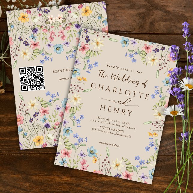 Rustic Simple Wildflower Beige QR Code Wedding Invitation (Creator Uploaded)
