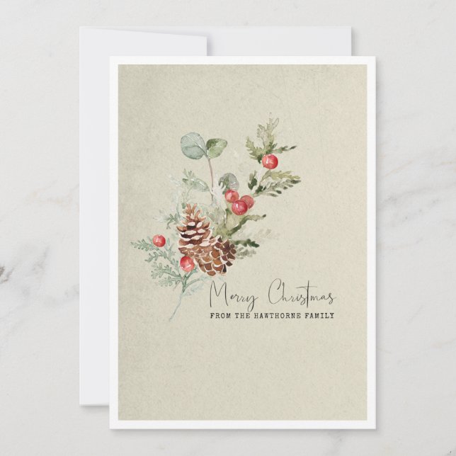 Rustic Simple Winter Botanical Christmas Card (Front)