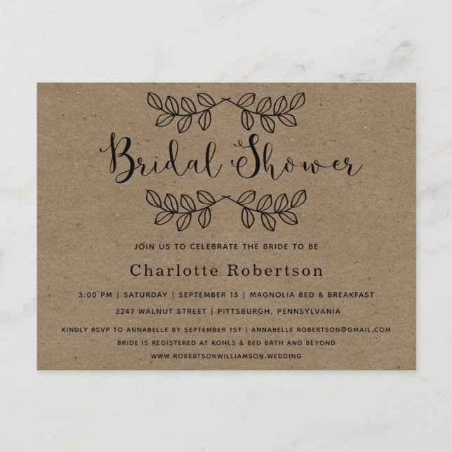 Rustic Simply Kraft Bridal Shower Invitation Postcard (Front)