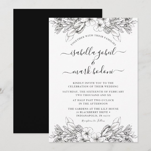 Rustic Sketched Floral Black & White Wedding Invitation (Front/Back)