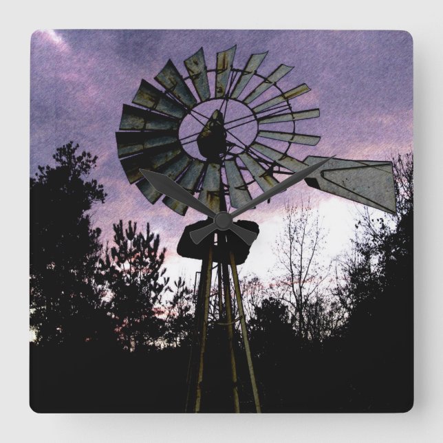 Rustic Sketched Old Windmill Square Wall Clock (Front)