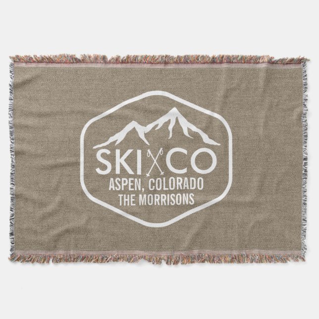 Rustic Ski Lodge Mountain Aspen Colorado Burlap Throw Blanket (Front)