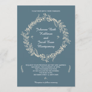 Rustic Slate Blue Outlined Floral Wreath Wedding Invitation