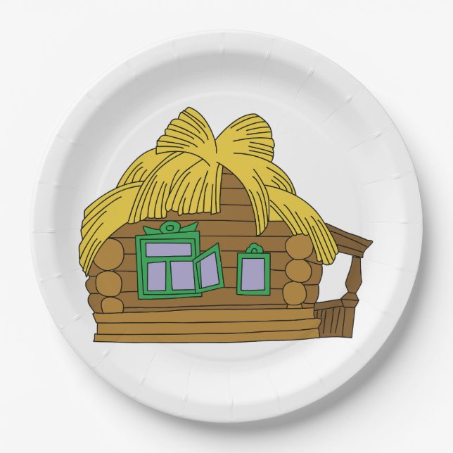 Rustic Slavic Log House Traditional Thatched Roof Paper Plate (Front)