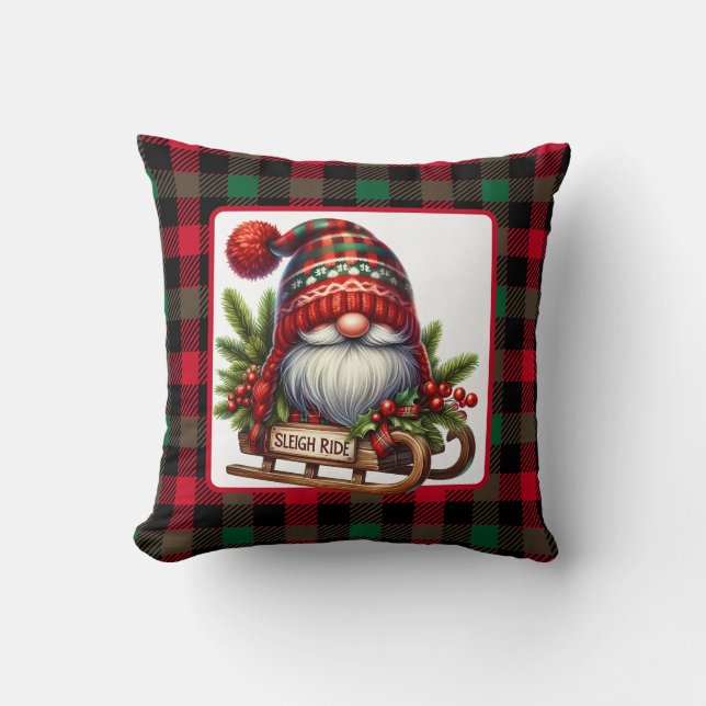 Rustic Sledding Gnome Throw Pillow (Front)