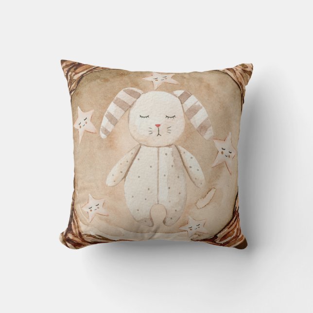 Rustic Sleeping Bunny Rabbit Stars Nursery Throw Pillow (Front)