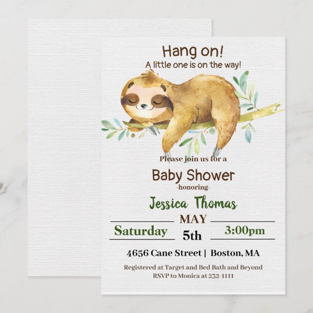 Rustic Sloth Baby Shower Invitation (Front/Back)