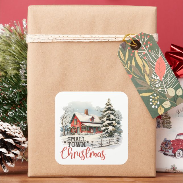 Rustic Small Town Christmas Farmhouse Square Sticker (Holiday)
