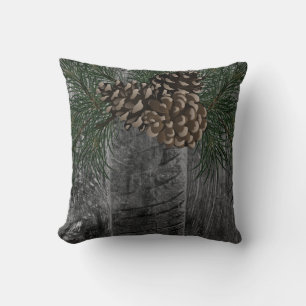 Rustic smokey grey wood and pine cone throw pillow
