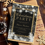 Rustic snow black Christmas pine string lights Invitation<br><div class="desc">A rustic winter Christmas party with snowflakes illustration,  white string lights  with white pine tree branches on black background with an elegant script typography.</div>