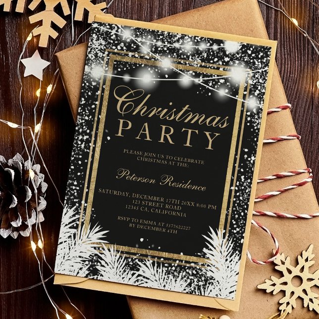 Rustic snow black Christmas pine string lights Invitation (Rustic snow black Christmas pine string lights Invitation)