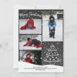 Rustic Snow Christmas Tree Chalkboard  Photo Holiday Card<br><div class="desc">Rustic modern Merry Christmas! winter holiday family photo collage card with a hand-drawn pencil doodle white pine tree and with falling snow on a dark gray charcoal chalkboard background.           Personalize it with your wishes,  four photos,  and signature!</div>