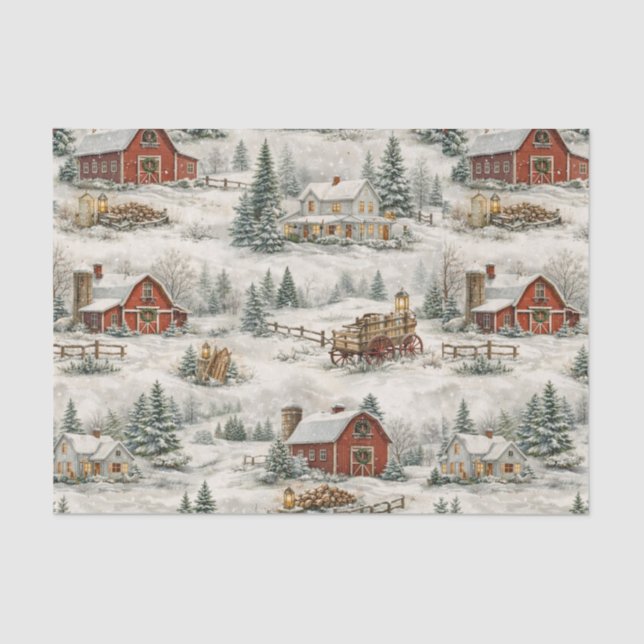 Rustic Snow Covered Farmhouse Winter Pattern Tissue Paper (Front)