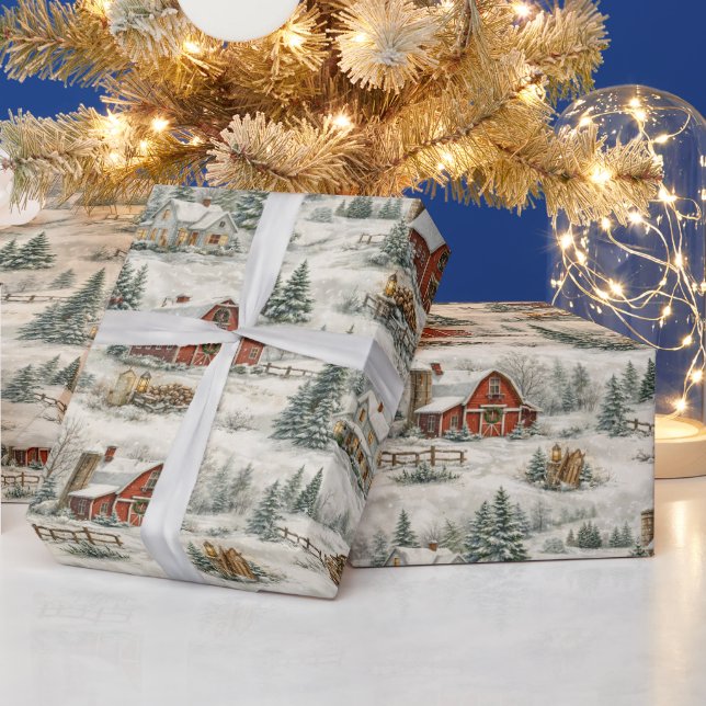 Rustic Snow Covered Farmhouse Winter Pattern Wrapping Paper (Holidays)
