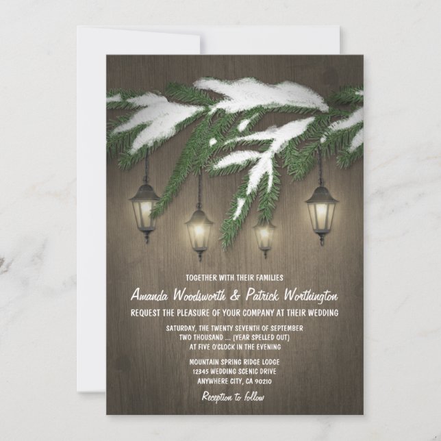 Rustic Snow Evergreen Lantern Wedding Invitations (Front)