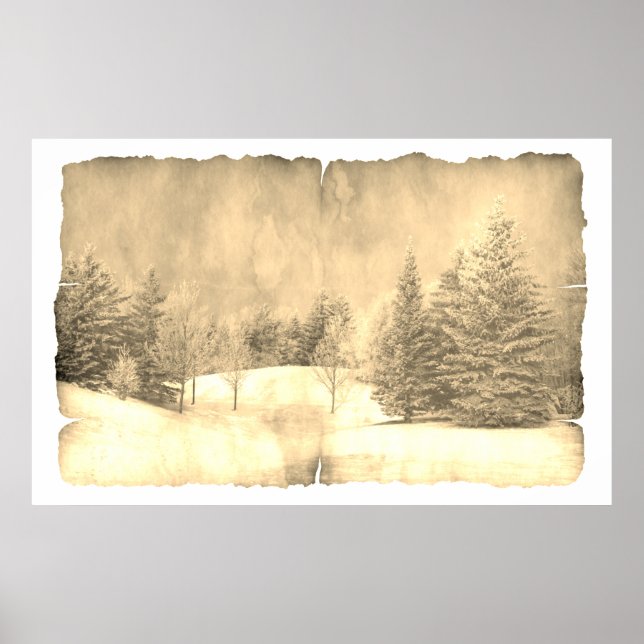 Rustic snow evergreen winter scene on parchment poster (Front)