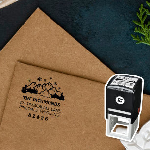 Rustic Snowfall Mountains & Pine Return Address Self-inking Stamp