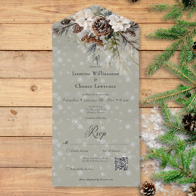 Rustic Snowfall Pine & White Floral Sage QR Code All In One Invitation (Rustic Snowfall Pine & White Floral Sage QR Code All In One Invitation)