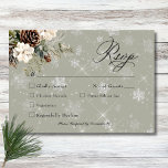 Rustic Snowfall Pine & White Floral Sage Wedding RSVP Card<br><div class="desc">Envelop your guests in the serene beauty of winter with our exquisite wedding response card with dinner choices. A calming dusty sage backdrop creates a peaceful canvas for a stunning arrangement of fresh green pine sprigs, soft cream-coloured blooms, and rustic brown pinecones. This natural masterpiece is adorned with a delicate...</div>