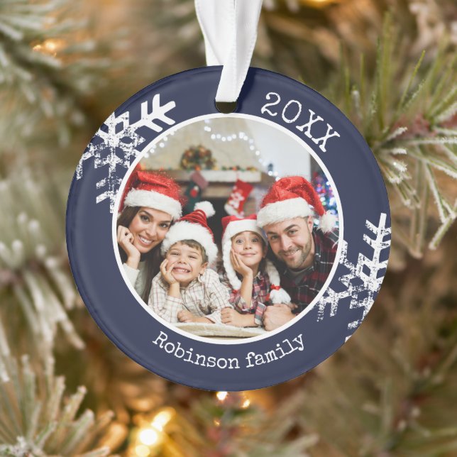 Rustic Snowflake Navy Blue Photo Christmas Ornament (Tree)