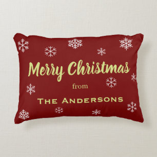 Rustic Snowflake Personalized Christmas Red Accent Pillow