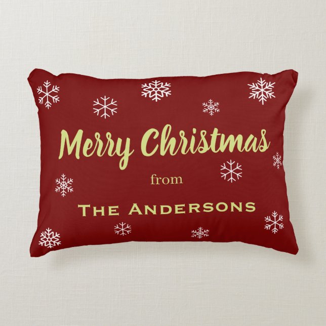 Rustic Snowflake Personalized Christmas Red Accent Pillow (Front)