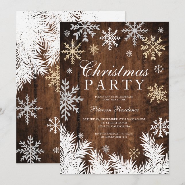 Rustic snowflake pine wood winter Christmas party Invitation (Front/Back)