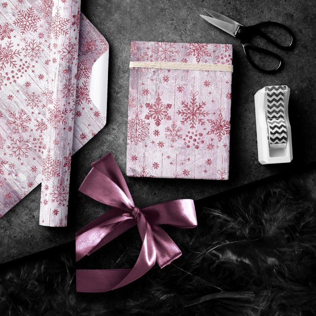 Rustic Snowflakes | Dusty Mauve Pink Wood Pattern Wrapping Paper (Creator Uploaded)