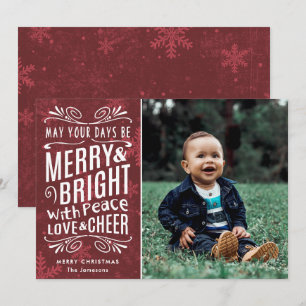 Rustic Snowflakes Merry and Bright Red   Photo Holiday Card
