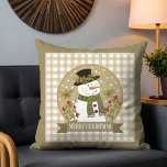 Rustic Snowman Merry Christmas Festive Holidays Throw Pillow<br><div class="desc">Rustic Snowman Merry Christmas Festive Holidays Throw Pillows Cushions features the text "Merry Christmas" in modern script typography accented with a cute snowman holding holly on a plaid background. Perfect for Christmas holiday decor and gifts for family and friends. Designed by ©2024 Evco Studio www.zazzle.com/store/evcostudio</div>