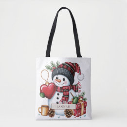 Rustic Snowman Red Heart Buffalo Plaid Christmas Tote Bag