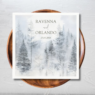 Rustic Snowy Forest Mountain Watercolor Wedding Napkin