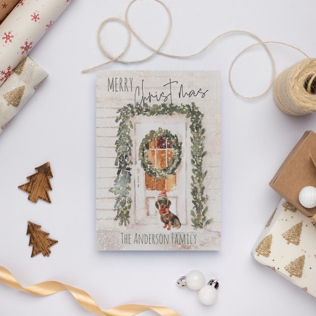 Rustic Snowy Merry Christmas Wreath Front Door Dog Holiday Card (Creator Uploaded)