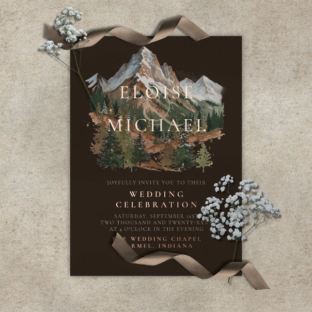 Rustic Snowy Mountain Landscape Watercolor Wedding (Rustic Snowy Mountain Landscape Watercolor Wedding Foil Invitation)