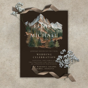 Rustic Snowy Mountain Landscape Watercolor Wedding Invitation