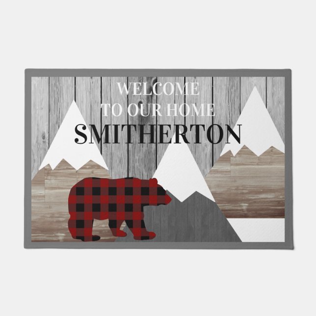 Rustic Snowy Mountains Buffalo Check Bear Family Doormat (Front)
