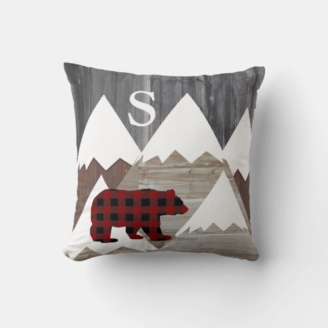 Rustic Snowy Mountains Buffalo Check Bear Monogram Throw Pillow (Front)