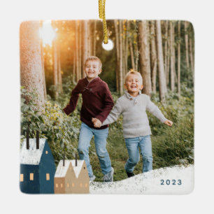 Rustic Snowy Village Scene Photo Ceramic Ornament