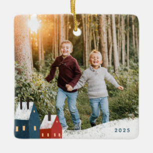 Rustic Snowy Village Scene Photo Ceramic Ornament