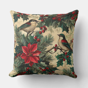 Rustic Songbird Poinsettia Winter Cream Botanical Throw Pillow