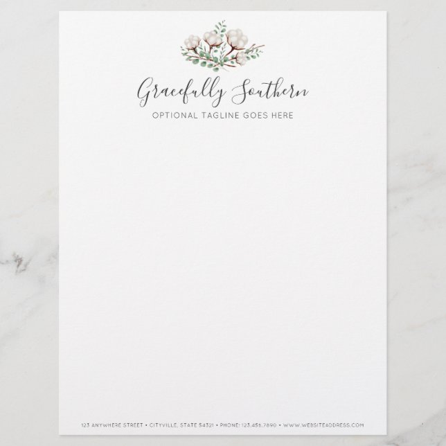 Rustic Southern Cotton Flowers Green Foliage Logo Letterhead (Front)