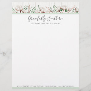 Rustic Southern Cotton Flowers on White Barn Wood Letterhead