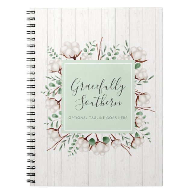 Rustic Southern Cotton Flowers on White Barn Wood Notebook (Front)