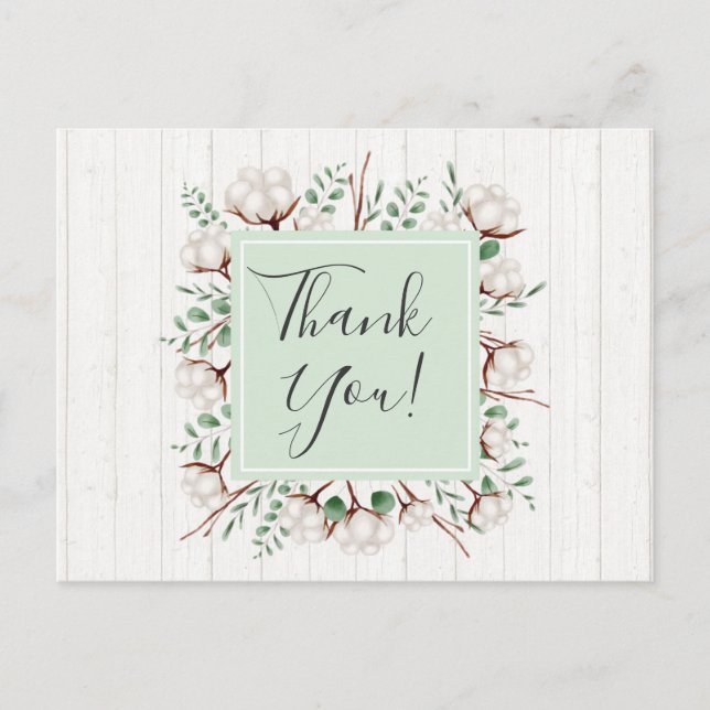 Rustic Southern Cotton Flowers on Wood Thank You Postcard (Front)