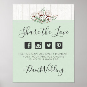 Rustic Southern Cotton Wedding Hashtag Photo Sign