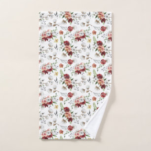 Rustic Southern Watercolor Floral & Cotton Pattern Hand Towel