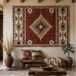 Rustic Southwestern Diamond Rug Terracotta Sage Throw Blanket