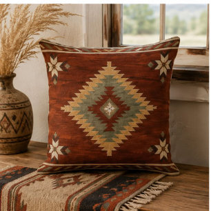Rustic Southwestern Diamond Rug Terracotta Sage Throw Pillow