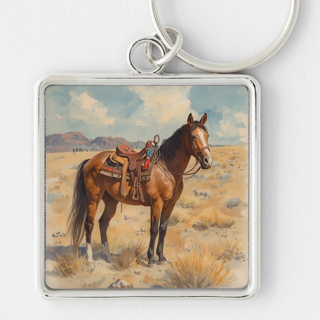 Rustic Southwestern Horse Desert Scene Keychain (Front)